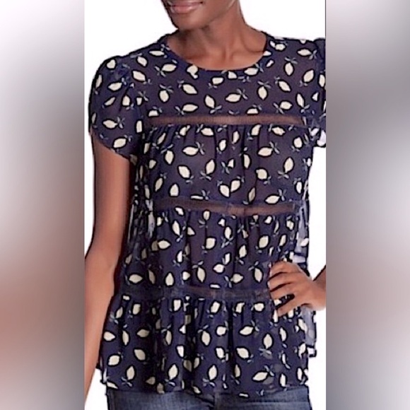 🆕 RO&DE Navy Lemon Print Swing Blouse SZ S (343) flowy sheer mesh nude - Picture 1 of 7